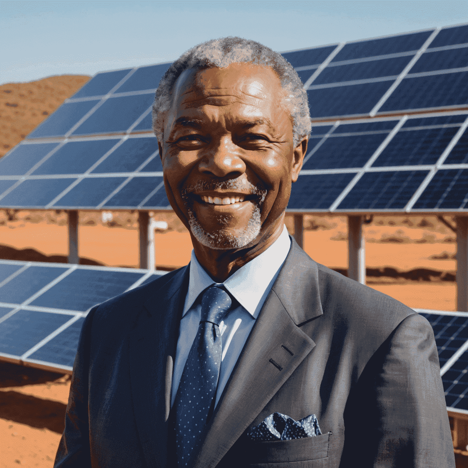 Thabo Mbeki, a middle-aged African man with a warm smile, wearing a professional suit, standing in front of a solar panel array