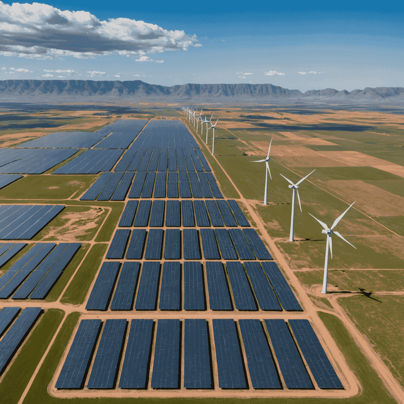 Aerial view of a large solar farm next to wind turbines in South Africa's landscape, with coal power plants visible in the far distance