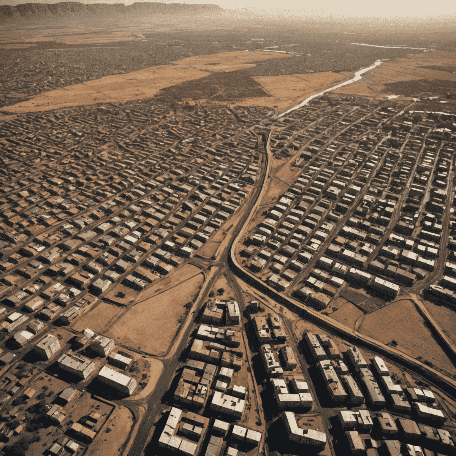 Aerial view of a South African city with visible water infrastructure and drought-affected areas