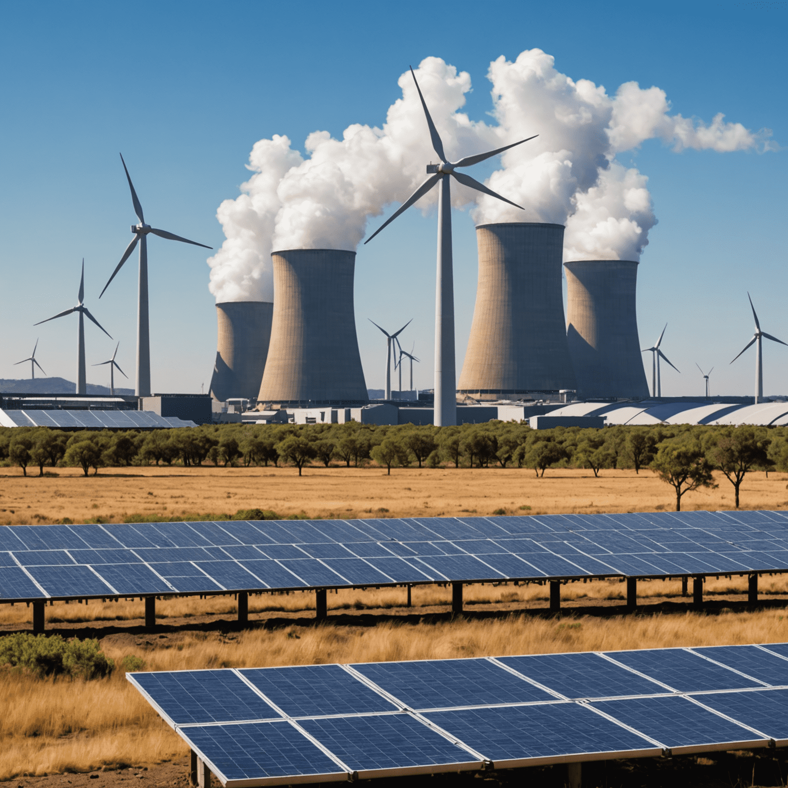 Eskom power plant with coal stacks juxtaposed against wind turbines and solar panels, symbolizing the transition from fossil fuels to renewable energy