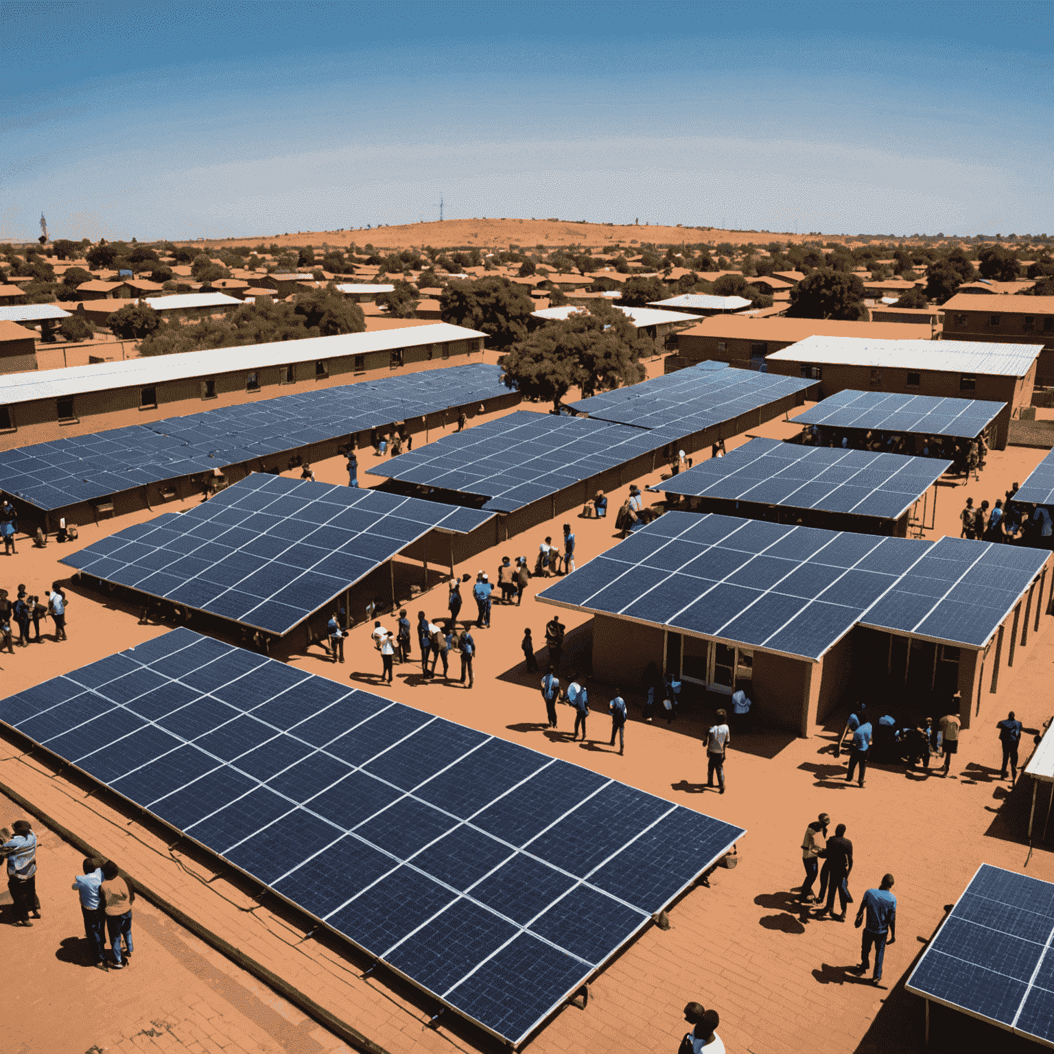 Solar panels on the roof of a community center in Soweto, with people gathering outside