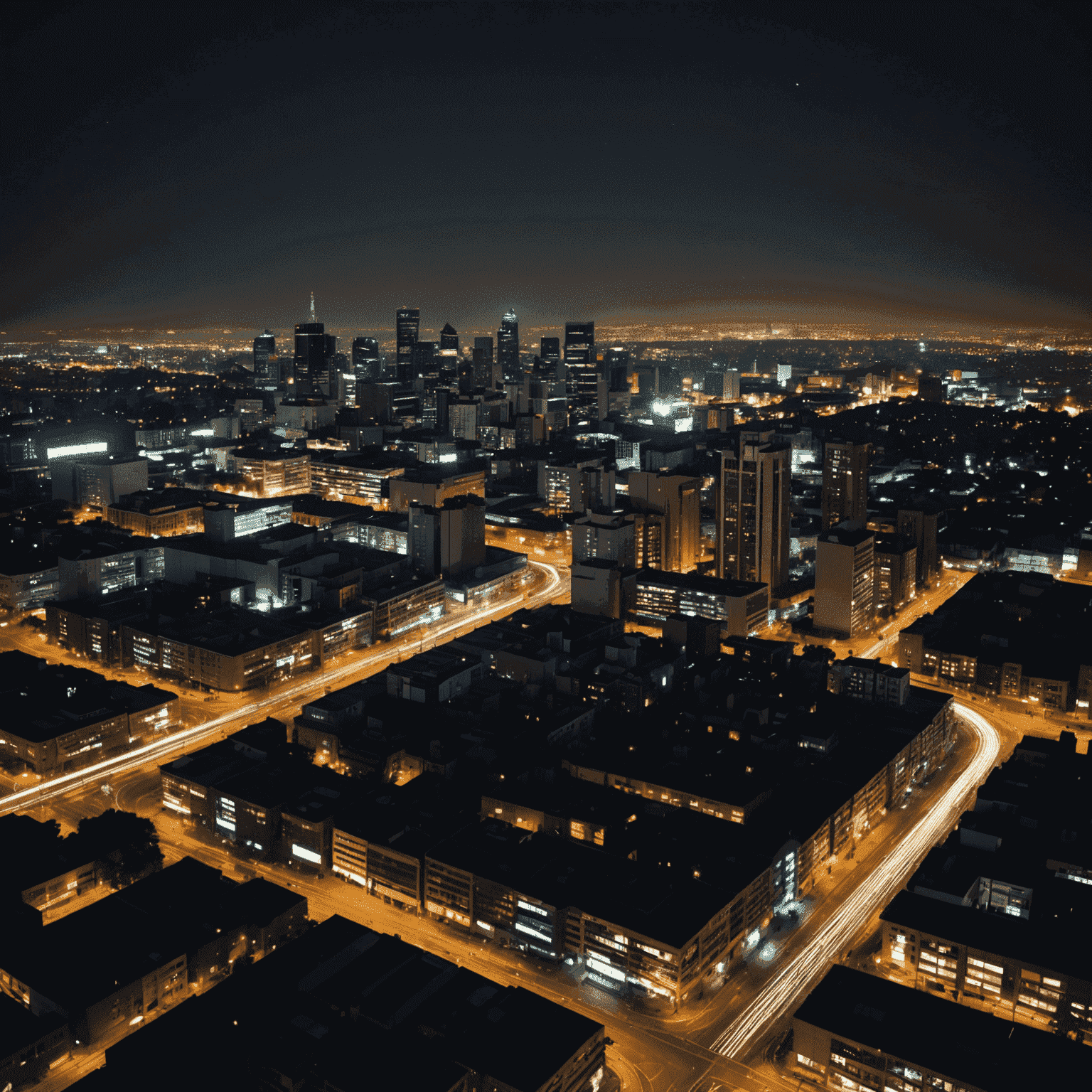 A cityscape of Johannesburg at night with visible areas of darkness due to load shedding, contrasting with lit areas