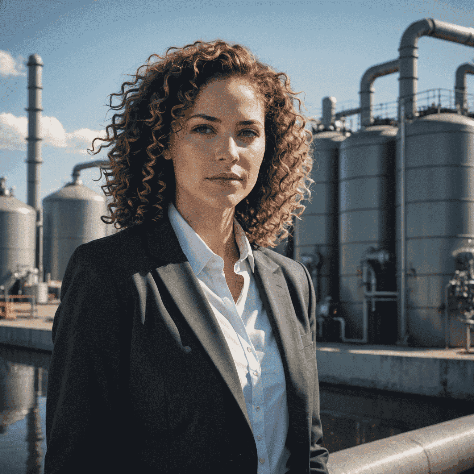 Sarah van der Merwe, a young Caucasian woman with curly hair, wearing business attire, standing next to a water treatment facility