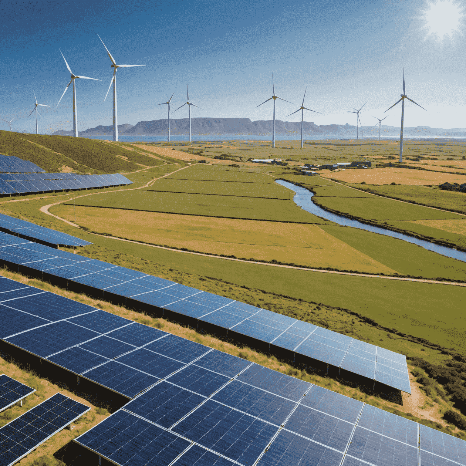 Split image showing a sunny South African plain with solar panels on one side and a coastal area with wind turbines on the other