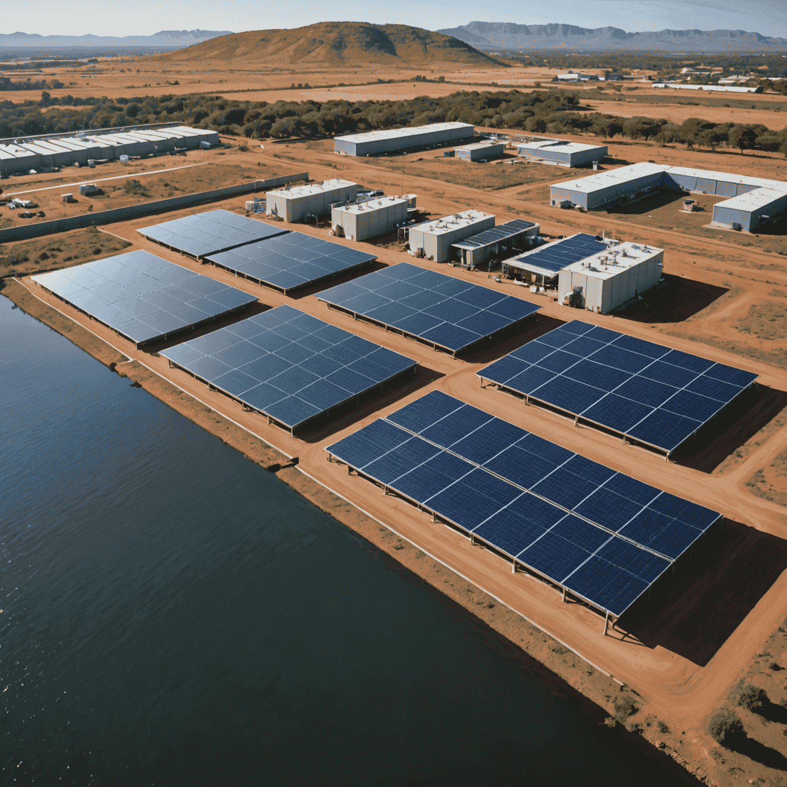 Modern water treatment facility in a South African city with solar panels