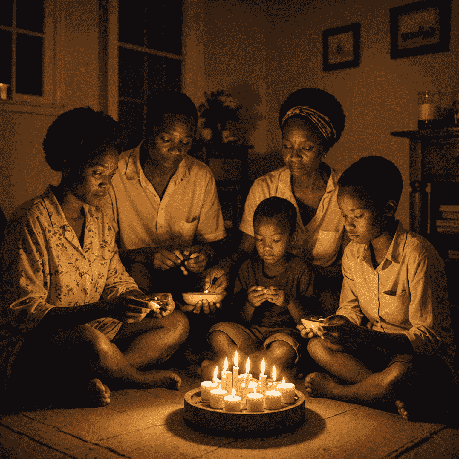 A South African family gathered around candles and battery-powered lamps during a load shedding event, illustrating the impact on daily life