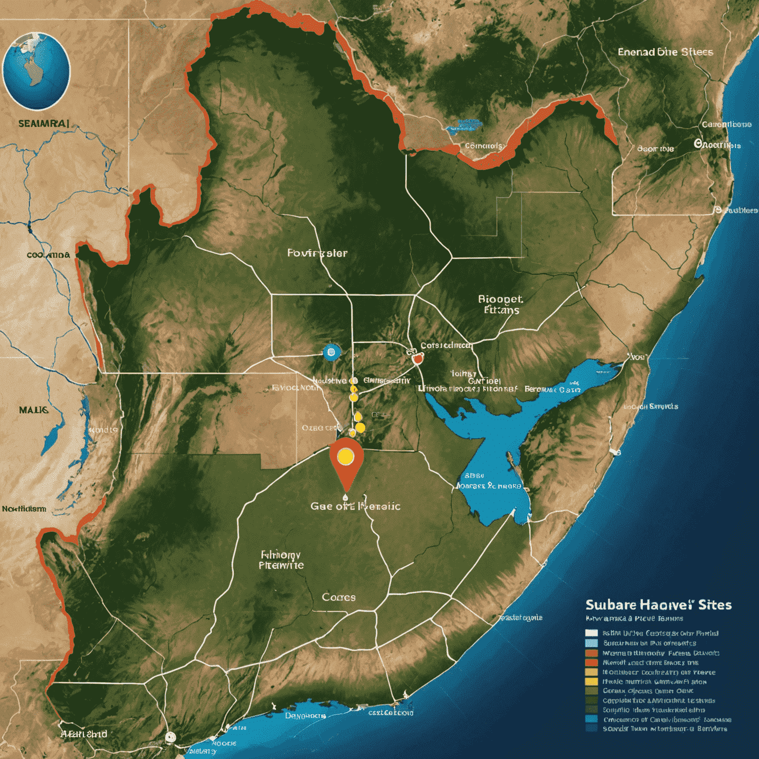 A map of South Africa highlighting potential renewable energy project sites, including solar farms in the Northern Cape and wind farms along the coast