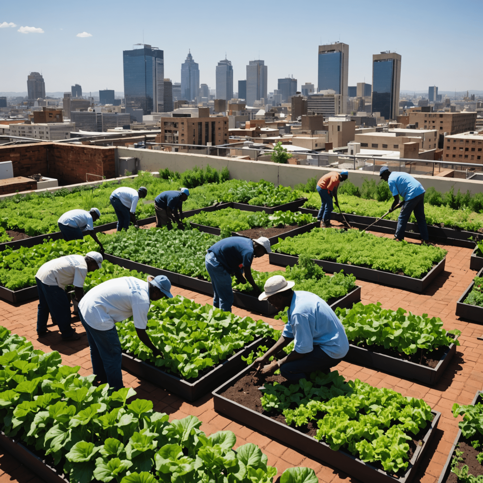 Rooftop garden in Johannesburg with volunteers tending to crops