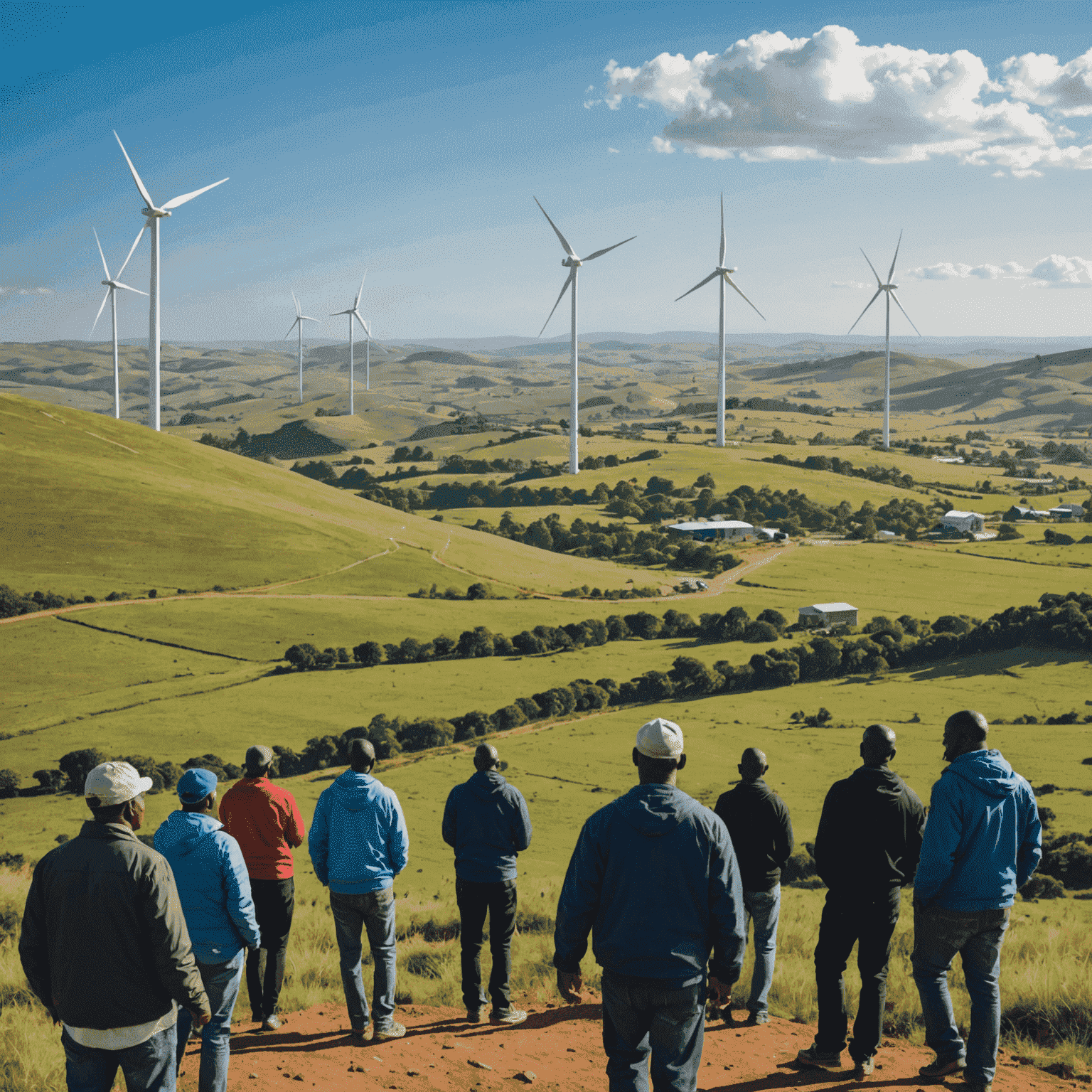 Wind turbines on a hill in Eastern Cape with community members in the foreground